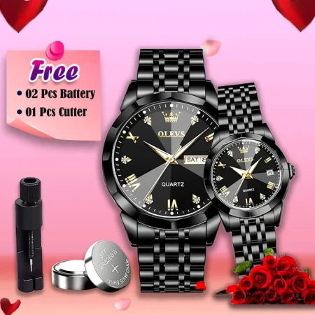 Olevs Stylish Couple Wrist Watch-Black Color