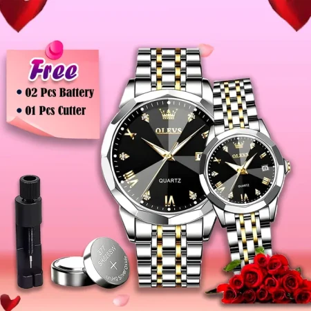 Olevs Stylish Couple Watch Silver Black